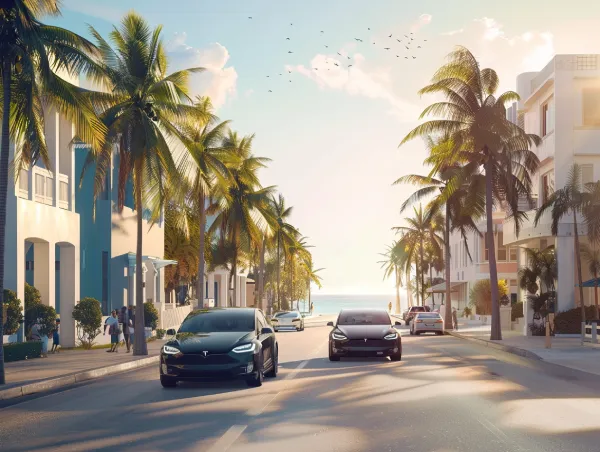 A tranquil street in Miami showcasing electric cars, with palm trees lining the road, highlighting the positive environmental impact of eco-friendly transportation.