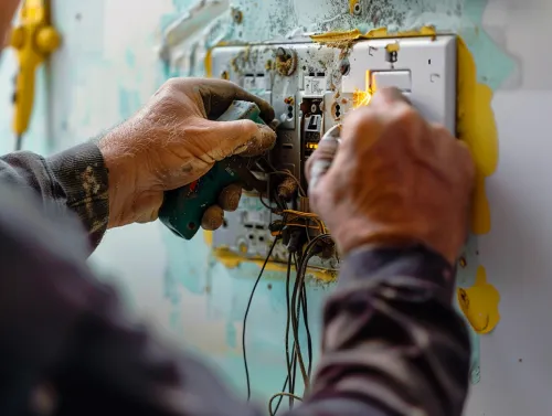 A professional electrician in Miami Beach installing or repairing an electrical switch, showcasing detailed work on wiring and connections with precision and expertise.