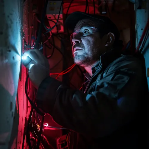 An electrician performing an emergency electrical repair in Miami Beach, working diligently with a flashlight to fix complex wiring issues in a dimly lit environment.