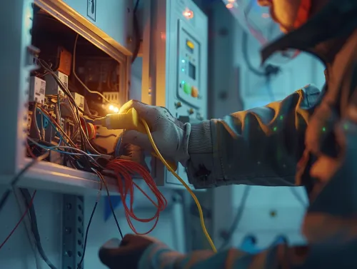 A professional electrician in Miami Beach repairing a fuse box, working meticulously with wires and tools to ensure safe and reliable electrical connections.