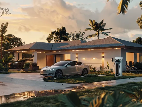 A typical Miami home at sunset featuring a practical architectural design and a residential electric car charging station, surrounded by well-maintained landscaping including local palm trees.