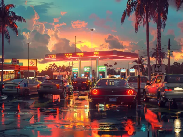 Busy gas station in Miami at sunset, reflecting in puddles on the ground, illustrating the contrast with the cost-effective electric vehicle charging alternatives.