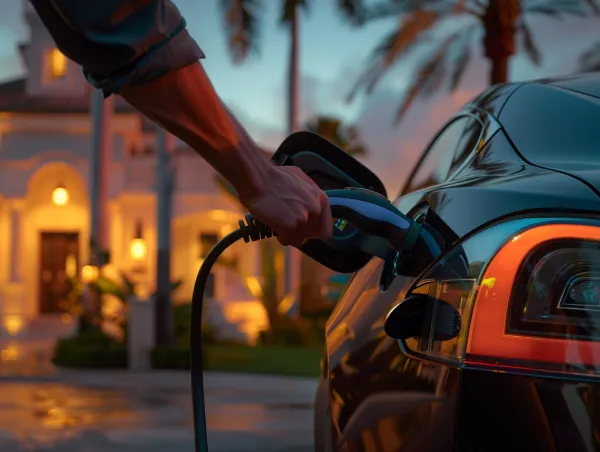 Person charging an electric car at sunset in Miami, illustrating the convenience of home-based charging stations and the flexibility it offers homeowners.