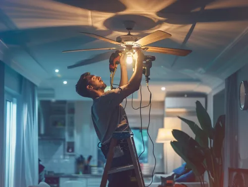 A professional electrician in Miami Beach installing a ceiling fan in a residential living room, ensuring proper wiring and secure installation for improved ventilation and comfort.