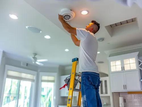 A professional electrician in Miami Beach installing a smoke detector on the ceiling of a modern home, ensuring safety and compliance with local regulations.