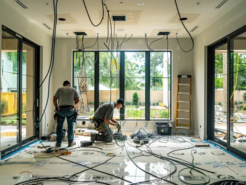 Two professional electricians in Miami Beach working on wiring and rewiring services inside a modern home, ensuring safe and efficient electrical connections with precise attention to detail.