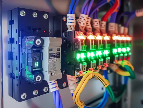 A close-up shot of a professionally installed surge protector in Miami Beach, featuring illuminated indicators and secure wiring for optimal electrical safety.