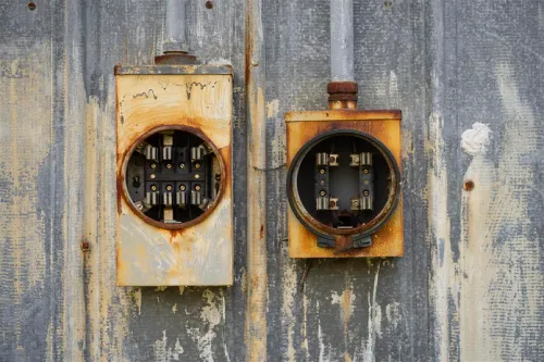 Two old, rusty fuse boxes on an exterior wall in Miami Beach, highlighting the need for upgrading to modern, safe, and efficient electrical systems.