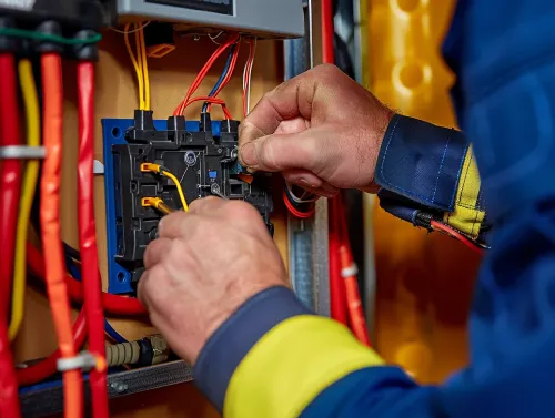 A close-up shot of a professional electrician in Miami Beach installing a GFCI outlet, showcasing detailed wiring work and ensuring electrical safety in a residential setting.